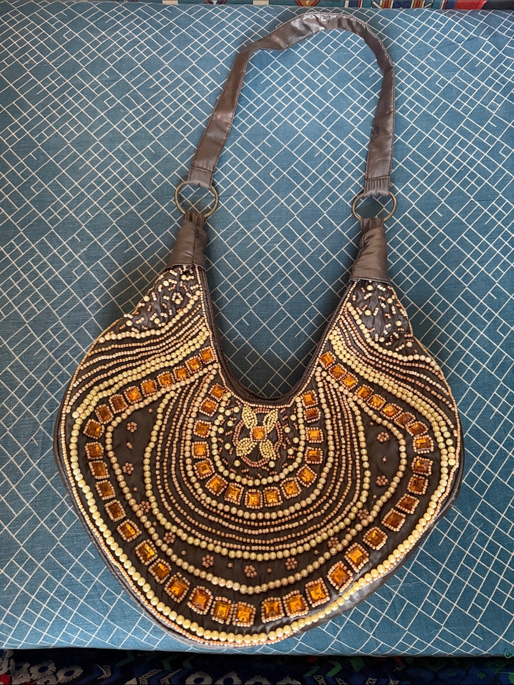 Vintage Boho Embellished Crescent Shoulder Bag in Brown and Gold Beading